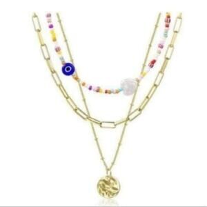 Gold Chain & Paperclip Evil Eye Necklace Set (3-Piece)